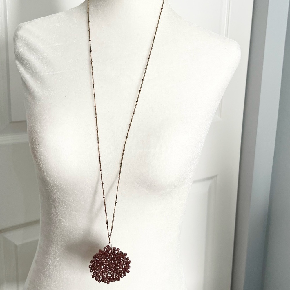 Intricate purple beaded cluster pendant long necklace on gold tone chain
